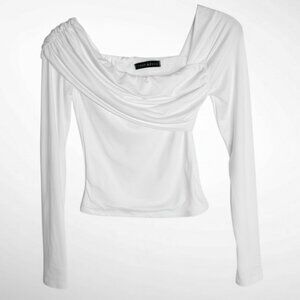 Blue Blush Top Off Shoulder Woman’s sz S Bodycon Ultra- White Cropped Ruching